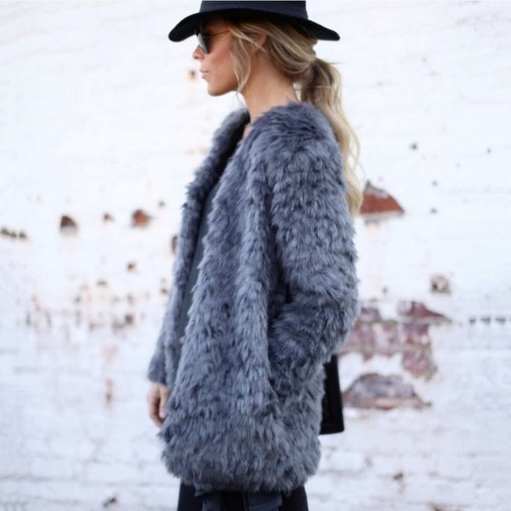 WAYF Faux Fur Dark Gray Coat Jacket Teddy Womens Small Open Front Plush Grey